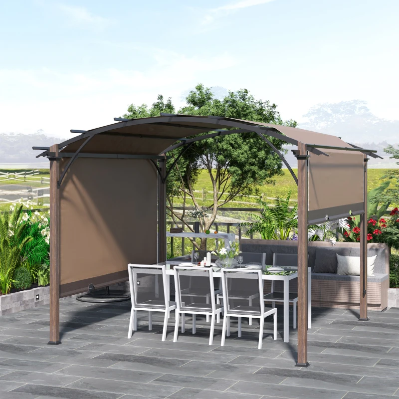 Outsunny Pavillon Pergola mit einstellbarem Stoffdach UV+50 Überdachung Sonnenschutz Texteline Stahl Kaffee+Braun 3,45 x 3,45 x 2,5m