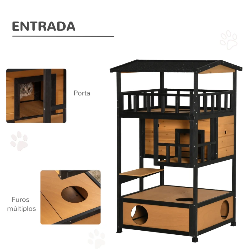 PawHut Casa para Gatos de Madeira 75,5x75x137 cm Abrigo para Gatos com Telhado Asfáltico Plataformas e Ninho Natural