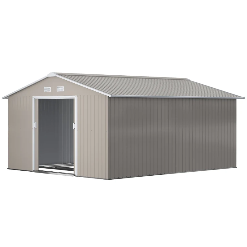 Outsunny Magazie de Gradina cu Usi Duble Glisante si Acoperis Inclinat, Sopron de Gradina din Otel si PP, 3.4x4x2m, Gri(m-12)