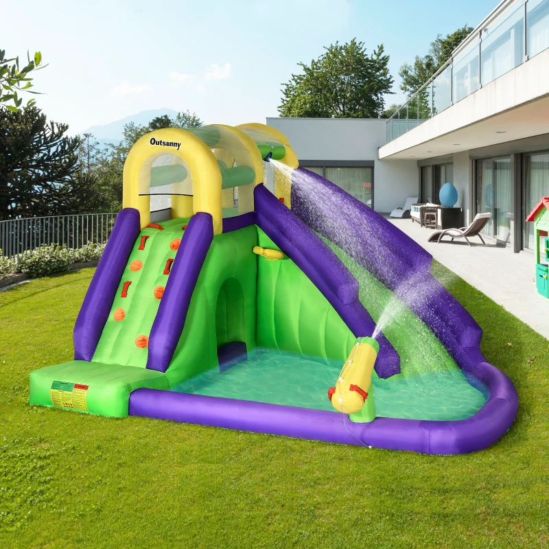 Outsunny Aufblasbare Hüpfburg mit Gebläse Hüpfburg mit Wasserrutsche XXL Wasserpark für Kinder von 3 bis 8 Jahren  Kletterwand Trampolin Outdoor Garten 395 x 355 x 235 cm