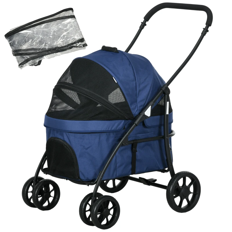 PawHut Hundewagen Hundebuggy bis 10 kg Klappbar Regenschutz, 2 Sicherheitsleinen 81x 68 x 98,5 cm Dunkelblau(m-10)