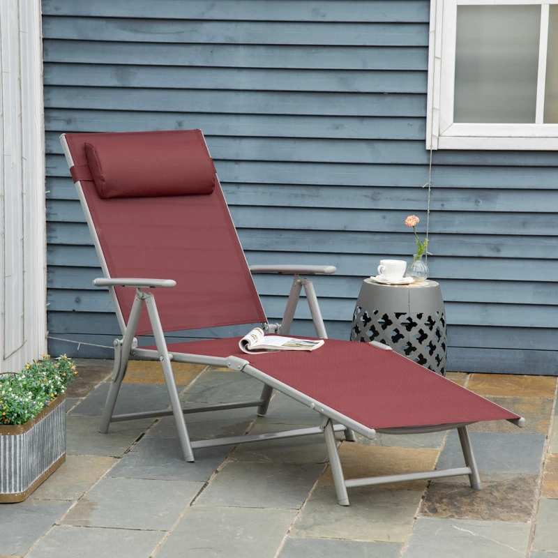 Outsunny Leżanka ogrodowa, oparcie regulowane w 5 stopniach, z poduszką, składana, metalowy stelaż odporny na rdzę, 137 x 63,5 x 100,5 cm, Bordowy
