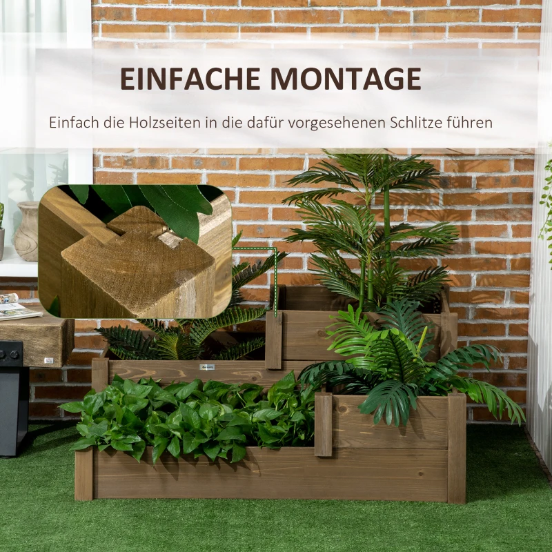 Outsunny Hochbeet, 4 Pflanzgefäße auf 3 Stufen, wetterbeständig, Massivholz, 122 cm x 122 cm x 51 cm, Natur