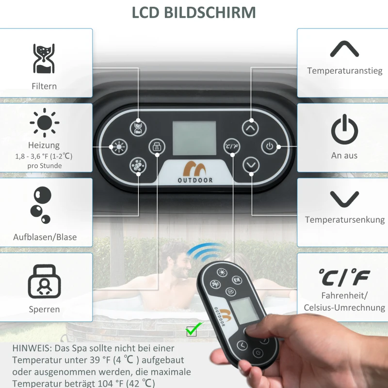 Outsunny Whirlpool für 4 Personen Heizung Bubble Spa Massage 930L Inkl. 108 Massagedüsen Abdeckung In- & Outdoor rund Weiß+Blau Ø180 x 68H cm