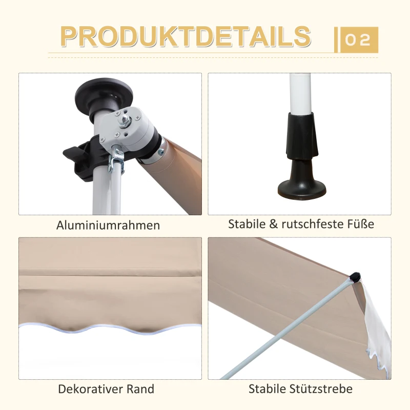 Outsunny Markise Klemmmarkise Sonnenschutz Faltarm Handkurbel Balkon Alu Cremeweiß 2x1,2m
