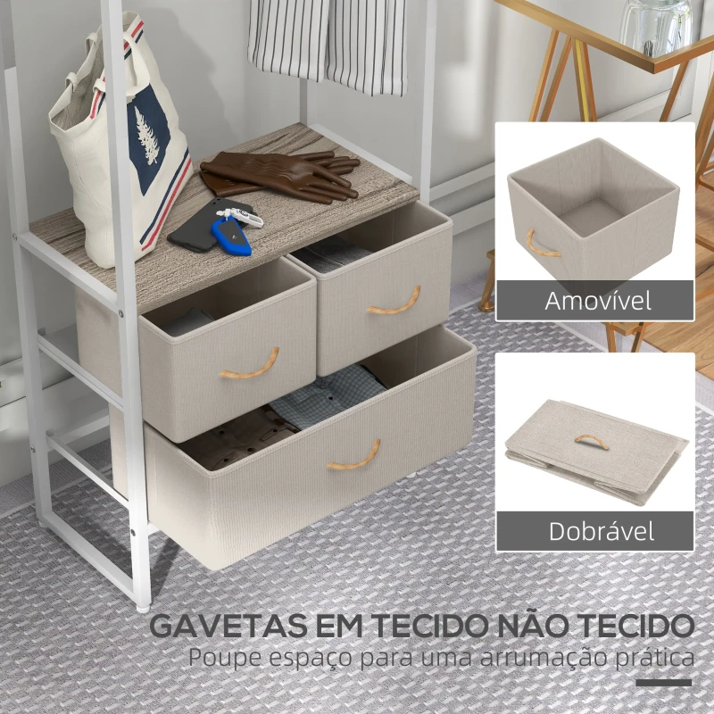 HOMCOM Suporte para Cabides com 3 Gavetas de Tecido Barra para Pendurar e Prateleira para Entrada Quarto 58,5x30x178 cm Natural