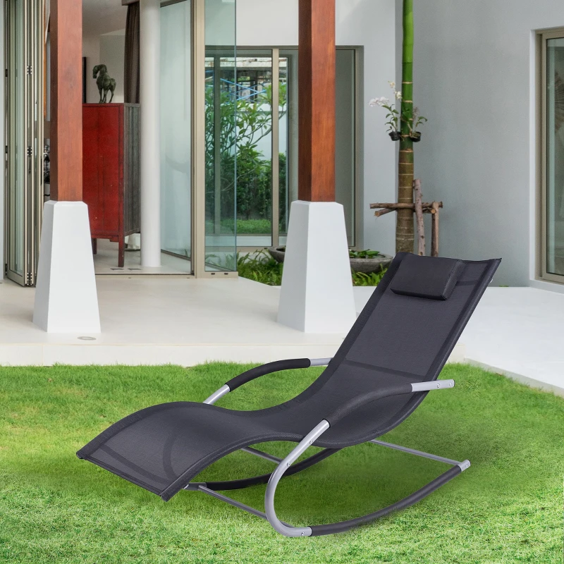 Outsunny Espreguiçadeira de Balano de Jardim com Apoio para os Braços Almofada para a Cabeça Espreguiçadeira de Exterior Tecido Transpirável e Metal para Praia Pátio Terraço 63x148x85cm Preto