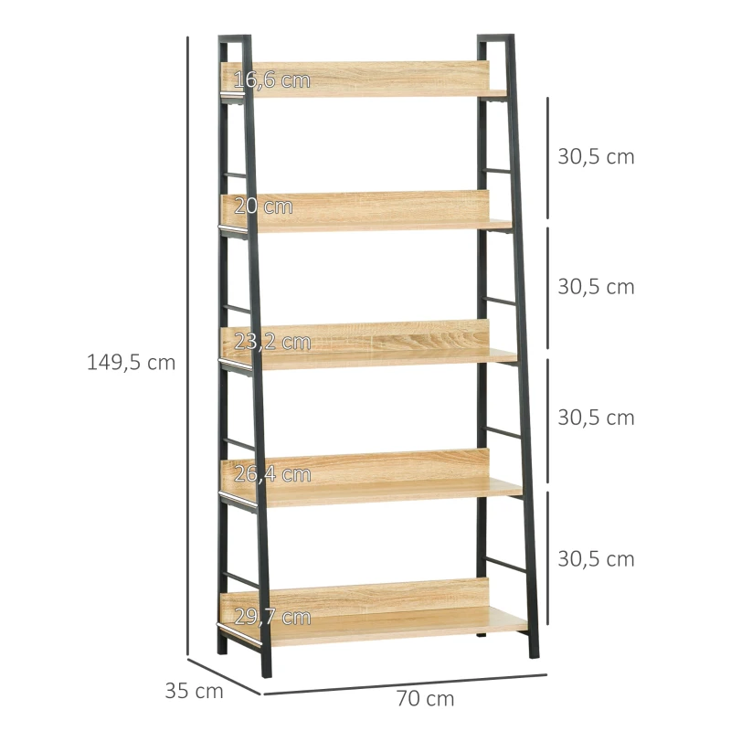 HOMCOM Estante de Estilo Industrial com 5 Níveis Estante de Sala de Estar para Livros com Estrutura de Metal 70x35x149,5 cm Natural