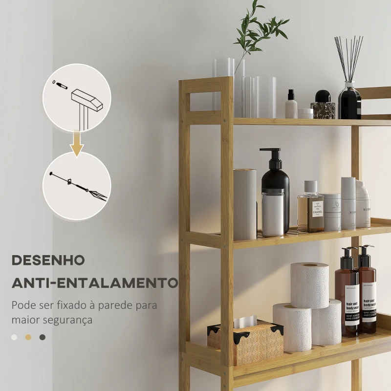 kleankin Estante sobre Sanita de Bambu com 3 Prateleiras Pés com Almofadas Antiderrapantes e Anti-Tombo 68x20x135 cm Madeira