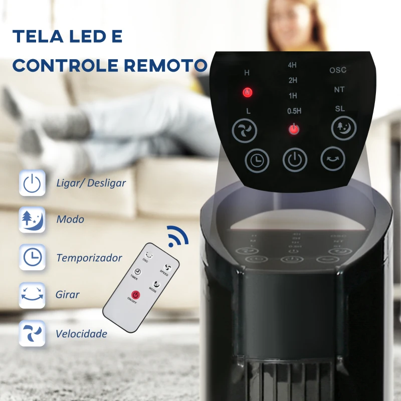 HOMCOM Ventoinha de Coluna 50W com Controlo Remoto 3 Velocidades Ecrã LCD Temporizador 7,5h e Oscilante 70° Ø20x78,5 cm Preto