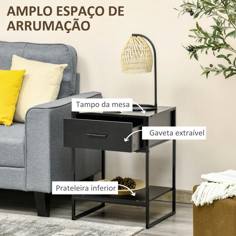 HOMCOM Mesa de Cabeceira Mesa Auxiliar com 1 Gaveta e Prateleira de Armazenamento Estilo Moderno para Quarto 45x40x60cm Preto