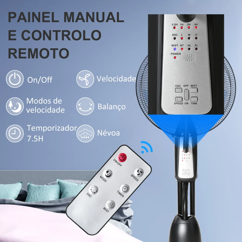 HOMCOM Ventoinha Nebulizadora Oscilante 90W com 3 Modos 3 Velocidades Temporizador 7,5h e Depósito de Água 2,8L Ø44,5x120 cm Preto