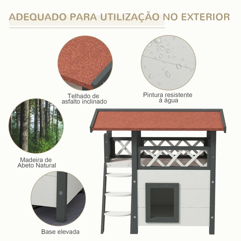 PawHut Casa para Gatos de Madeira 77x50x73cm Casa para Gatos com 2 Níveis com Teto Asfáltico Terraço Cercado Caverna e Escada Branco