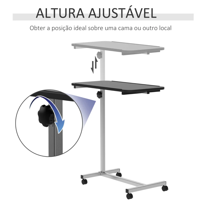 HOMCOM Mesa Auxiliar com Rodas Mesa para Sofá ou Cama com Altura Ajustável e Estrutura de Metal 77x40x76-100 cm Preto e Prata