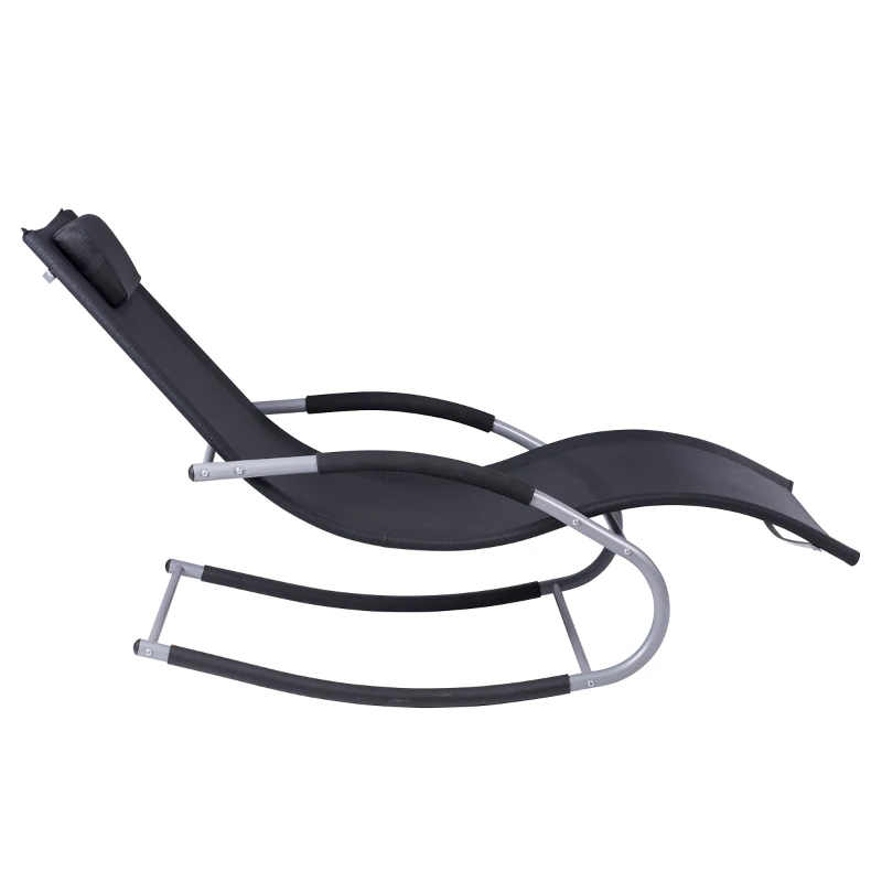 Outsunny Espreguiçadeira de Balano de Jardim com Apoio para os Braços Almofada para a Cabeça Espreguiçadeira de Exterior Tecido Transpirável e Metal para Praia Pátio Terraço 63x148x85cm Preto