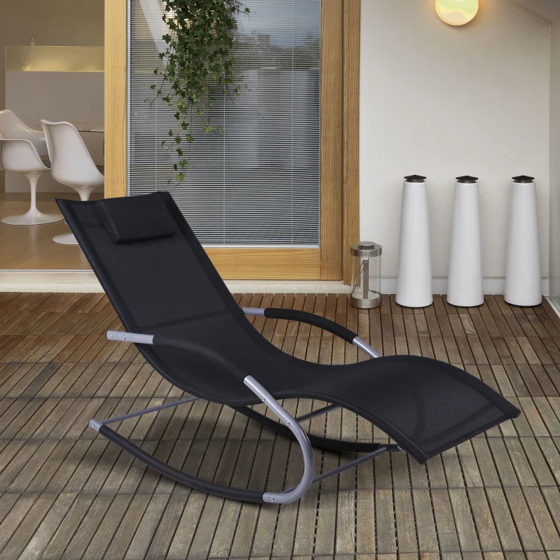 Outsunny Espreguiçadeira de Balano de Jardim com Apoio para os Braços Almofada para a Cabeça Espreguiçadeira de Exterior Tecido Transpirável e Metal para Praia Pátio Terraço 63x148x85cm Preto