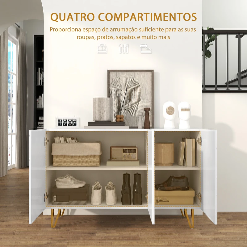 HOMCOM Aparador para Sala Aparador de Entrada com 3 Portas e Prateleiras Ajustáveis para Cozinha Sala 120x40x75 cm Branco Brilhante