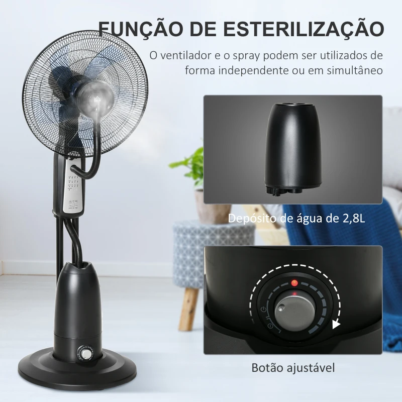 HOMCOM Ventoinha Nebulizadora Oscilante 90W com 3 Modos 3 Velocidades Temporizador 7,5h e Depósito de Água 2,8L Ø44,5x120 cm Preto