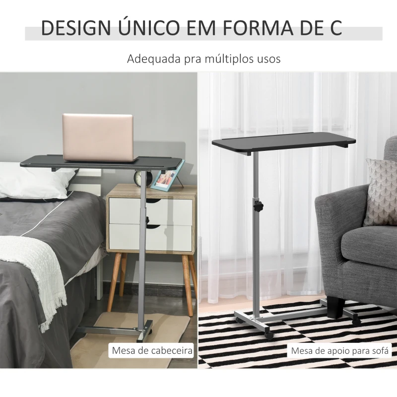 HOMCOM Mesa Auxiliar com Rodas Mesa para Sofá ou Cama com Altura Ajustável e Estrutura de Metal 77x40x76-100 cm Preto e Prata