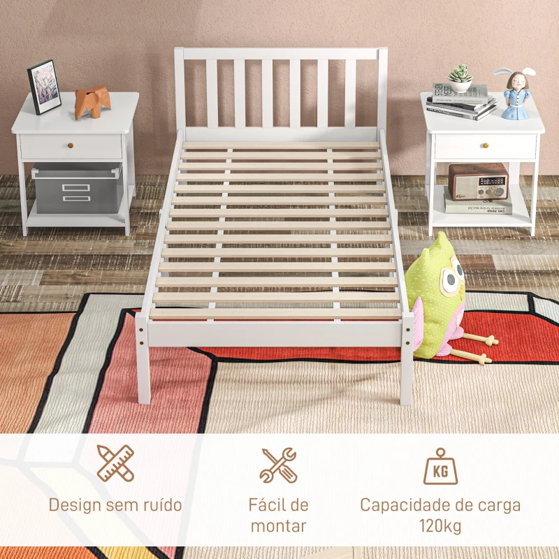 HOMCOM Estrutura de Cama de Madeira Estrado de Cama de Solteiro para Colchão 190x90 cm Carga 120 kg 198x96x70 cm Branco