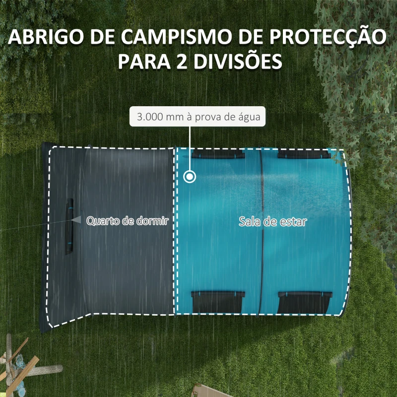 Outsunny Tenda de Campismo Familiar para 5-6 Pessoas com 2 Quartos Portas Impermeável 3000 mm para Trekking 480x260x200 cm Cinza
