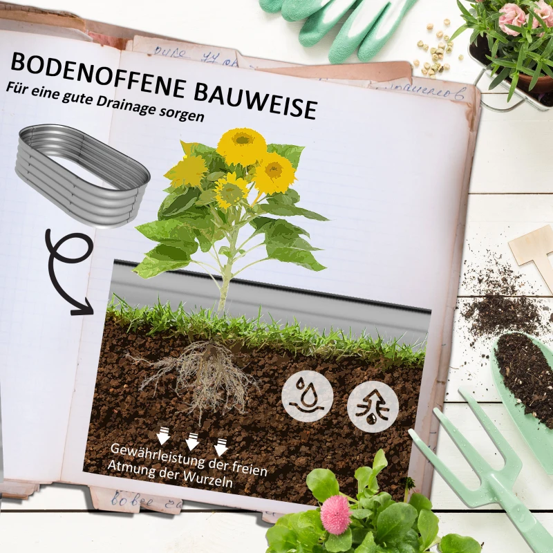 Outsunny Houten plantenbak, modulair verhoogd bed, beschermde randen, bodemloos ontwerp, 105 x 62 x 30 cm, zilver