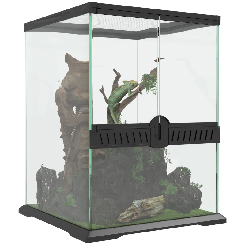 PawHut Terrarium szklane, zamek, zarządzanie kablami, 45x45x60cm, Czarny