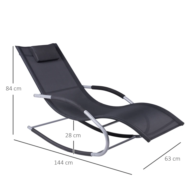 Outsunny Espreguiçadeira de Balano de Jardim com Apoio para os Braços Almofada para a Cabeça Espreguiçadeira de Exterior Tecido Transpirável e Metal para Praia Pátio Terraço 63x148x85cm Preto