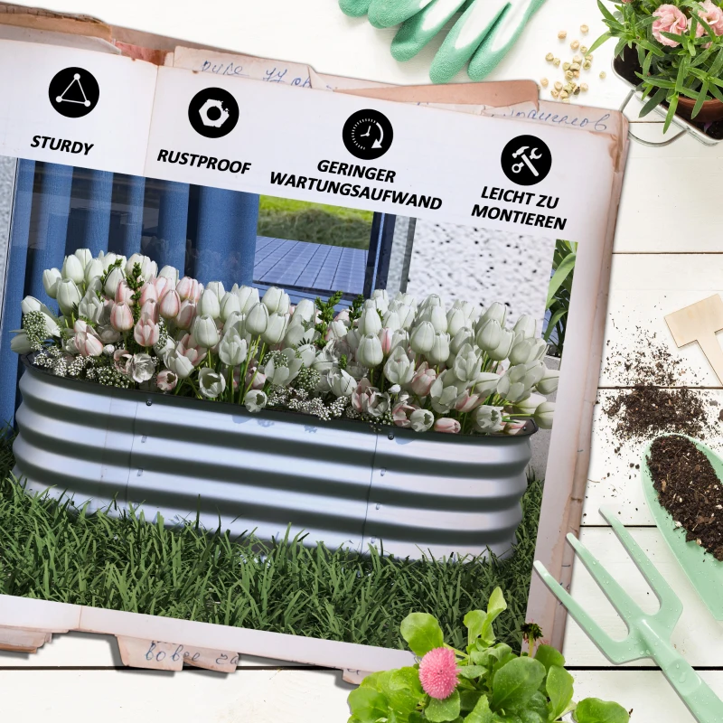 Outsunny Houten plantenbak, modulair verhoogd bed, beschermde randen, bodemloos ontwerp, 105 x 62 x 30 cm, zilver