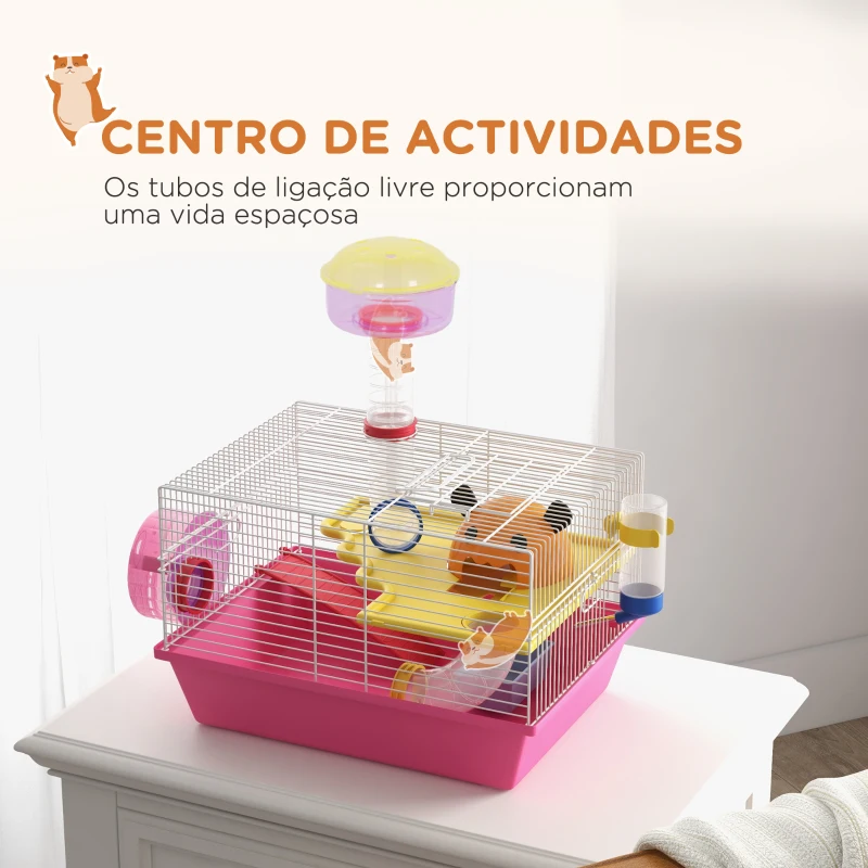 PawHut Gaiola para Hamsters com Comedouro Bebedouro Roda de Exercício Torre de Observação e Casinha 34x27x25 cm Multicolor