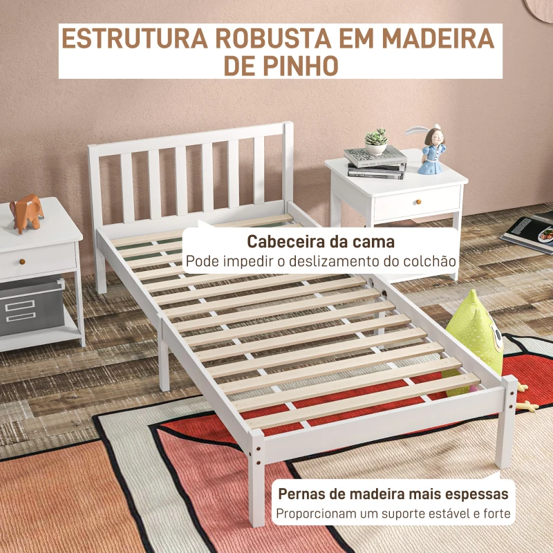 HOMCOM Estrutura de Cama de Madeira Estrado de Cama de Solteiro para Colchão 190x90 cm Carga 120 kg 198x96x70 cm Branco
