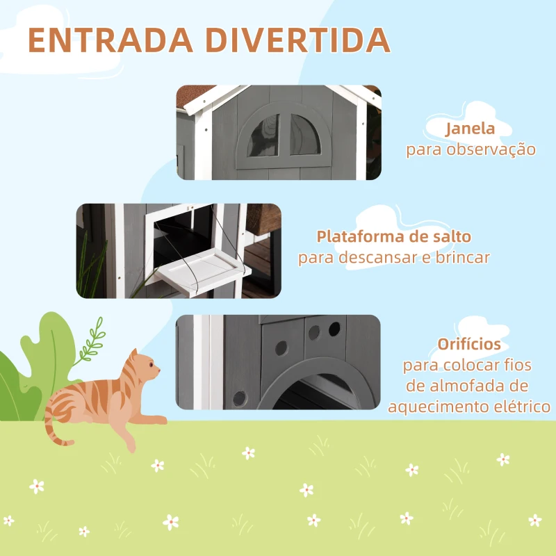 PawHut Casa para Gatos de Madeira 59x55x109 cm Abrigo para Gatos de 3 Níveis com Telhado Asfáltico Plataformas Escada e Varanda Cinza