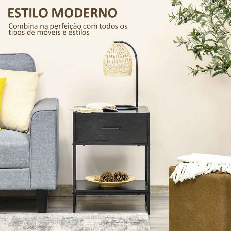 HOMCOM Mesa de Cabeceira Mesa Auxiliar com 1 Gaveta e Prateleira de Armazenamento Estilo Moderno para Quarto 45x40x60cm Preto
