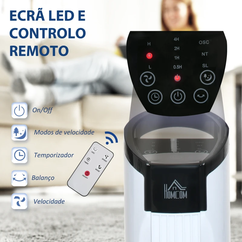 HOMCOM Ventoinha de Coluna 50W com Controlo Remoto 3 Velocidades Ecrã LCD Temporizador 7,5h e Oscilante 70° Ø20x78,5 cm Branco