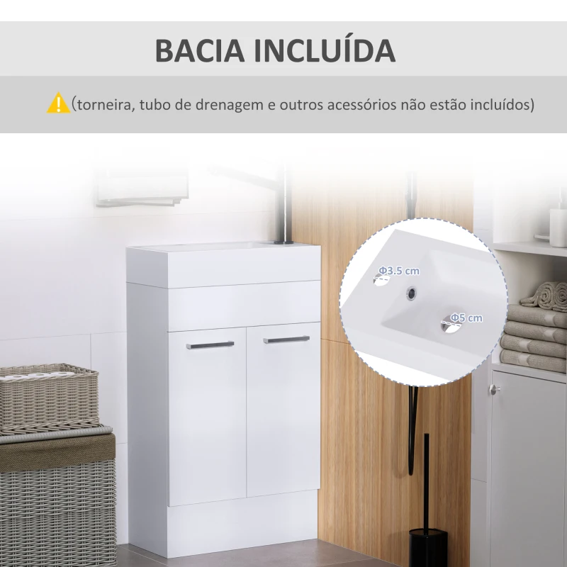 kleankin Móvel de Casa de Banho com Lavatório Cerâmico Móvel de Casa de Banho de Parede com 2 Portas Estilo Moderno 50x86x25 cm Branco