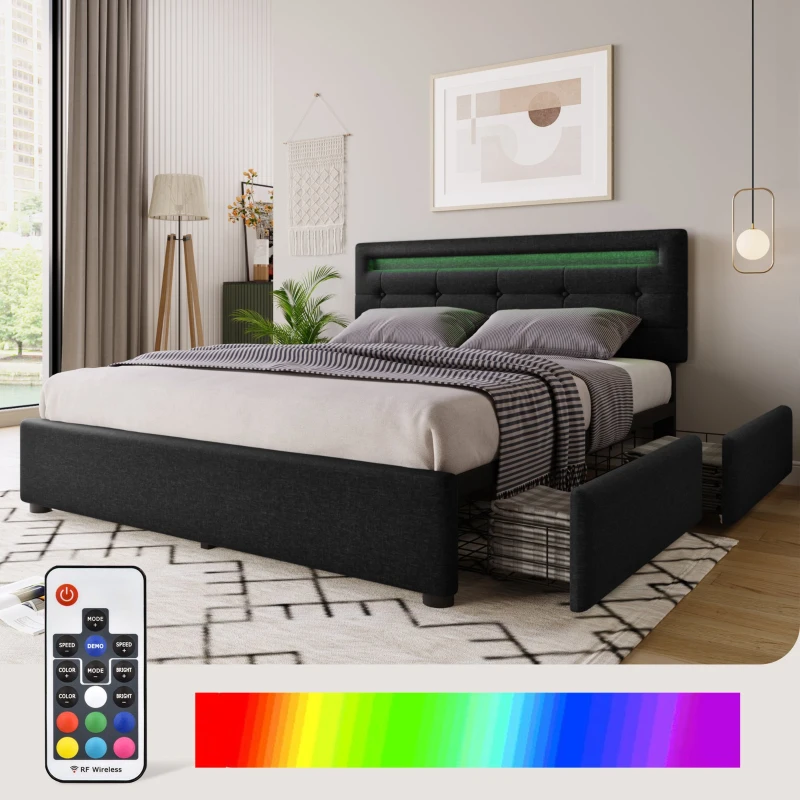 Letto Matrimoniale Imbottito con Illuminazione LED e 4 Cassetti, Testiera Regolabile, Rete a Doghe in Legno, Inclusa Materasso - Testata Letto Matrimoniale Imbottita, Nero