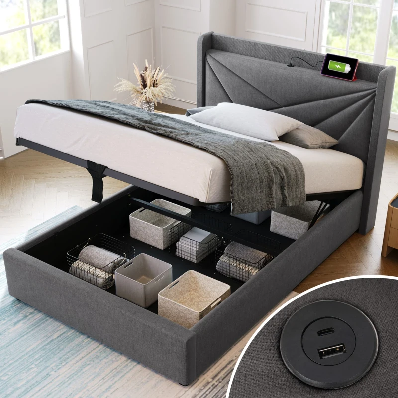 Letto Singolo Contenitore con Funzione di Ricarica USB Tipo C, Struttura in Lino, Testiera Integrata, Senza Materasso 90x200, Grigio