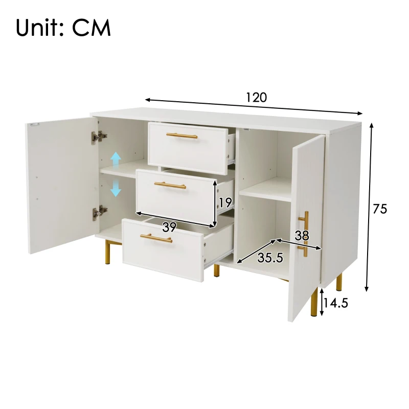 Credenza Elegante con 2 Ante e 3 Cassetti,  Design Moderno con Maniglie Decorative Oro, per Soggiorno e Camera da Letto, Bianco