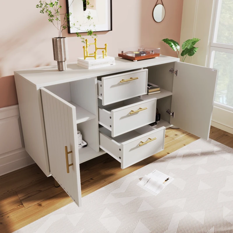 Credenza Elegante con 2 Ante e 3 Cassetti,  Design Moderno con Maniglie Decorative Oro, per Soggiorno e Camera da Letto, Bianco