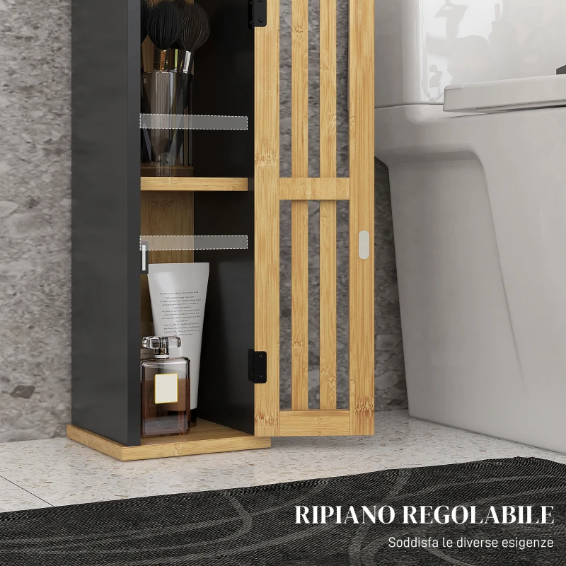 HOMCOM Mobiletto Bagno con Ripiano Aperto e Armadietto, in Bambù e MDF, 18x18x75 cm, Nero e color Legno