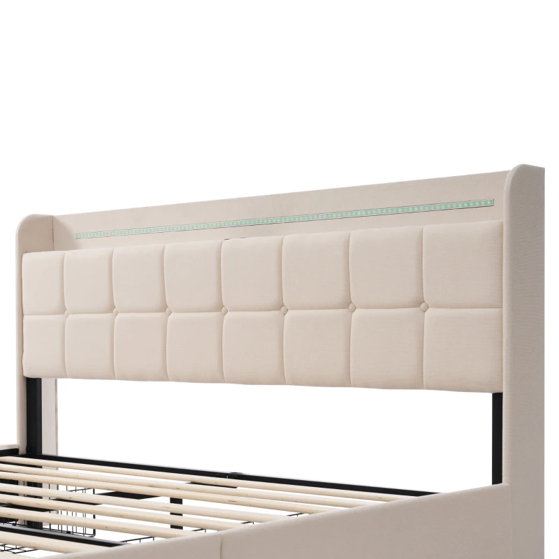 Letto Matrimoniale con Testiera USB e LED, 4 Cassetti, Struttura in Legno, Testata Letto Matrimoniale Imbottita, Testiera Letto Matrimoniale, Beige