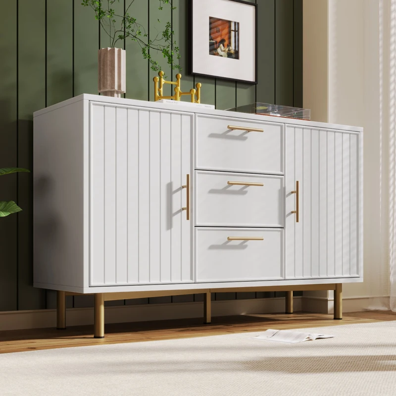 Credenza Elegante con 2 Ante e 3 Cassetti,  Design Moderno con Maniglie Decorative Oro, per Soggiorno e Camera da Letto, Bianco