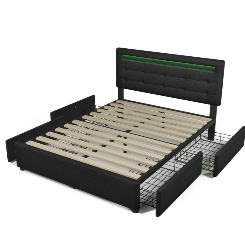 Letto Matrimoniale Imbottito con Illuminazione LED e 4 Cassetti, Testiera Regolabile, Rete a Doghe in Legno, Inclusa Materasso - Testata Letto Matrimoniale Imbottita, Nero
