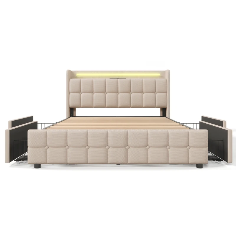 Letto Matrimoniale con Testiera USB, Illuminazione LED e 4 Cassetti, Testata Letto Matrimoniale Imbottita, Testiera Letto Matrimoniale, Beige