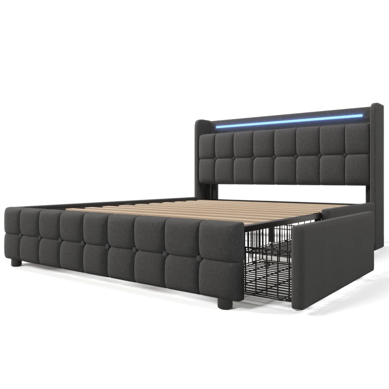 Letto Matrimoniale con Testiera USB, Illuminazione LED, e 4 Cassetti, Struttura in Legno, 160x200 cm, Grigio