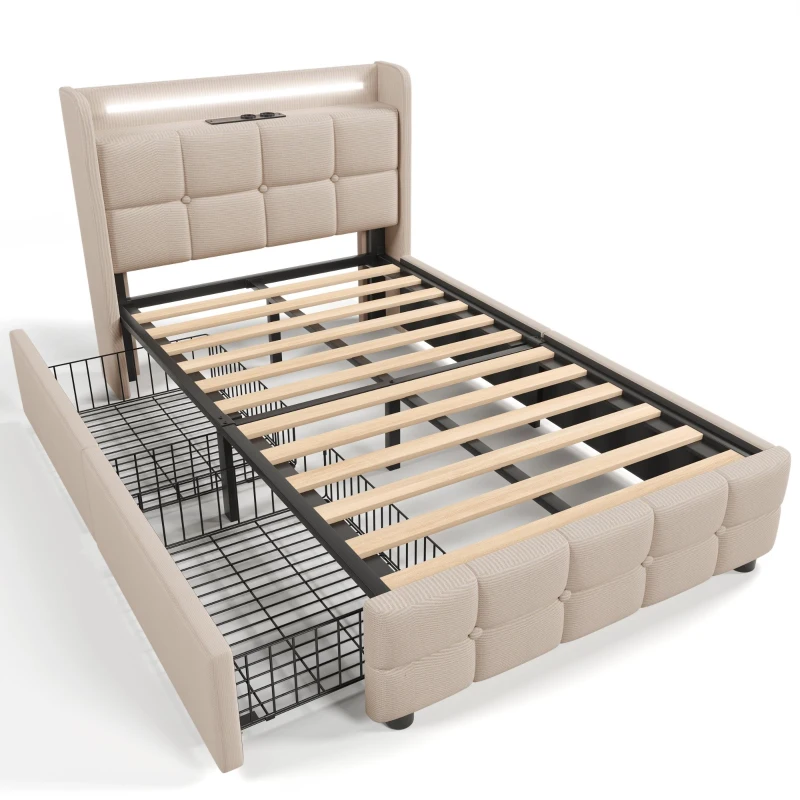 Letto Singolo con Testiera USB e LED, 90x200 cm, con 2 Cassetti e Rete in Legno, Beige
