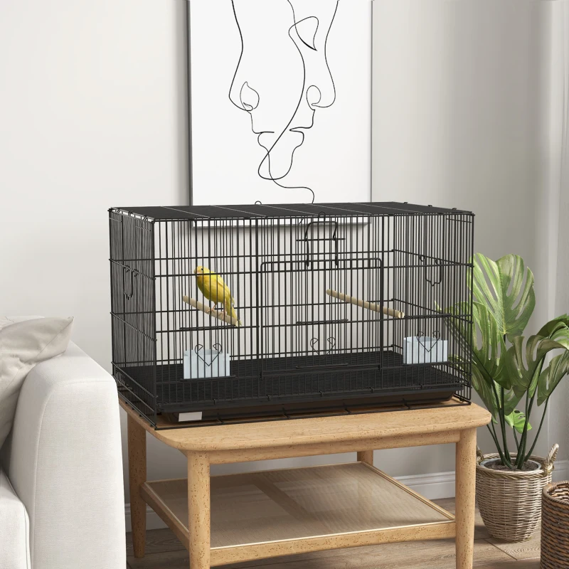 PawHut Gaiola para Pássaros 77x46x45 cm Gaiola de Metal para Pássaros com Bandeja Amovível 2 Poleiros e 2 Comedouros Preto