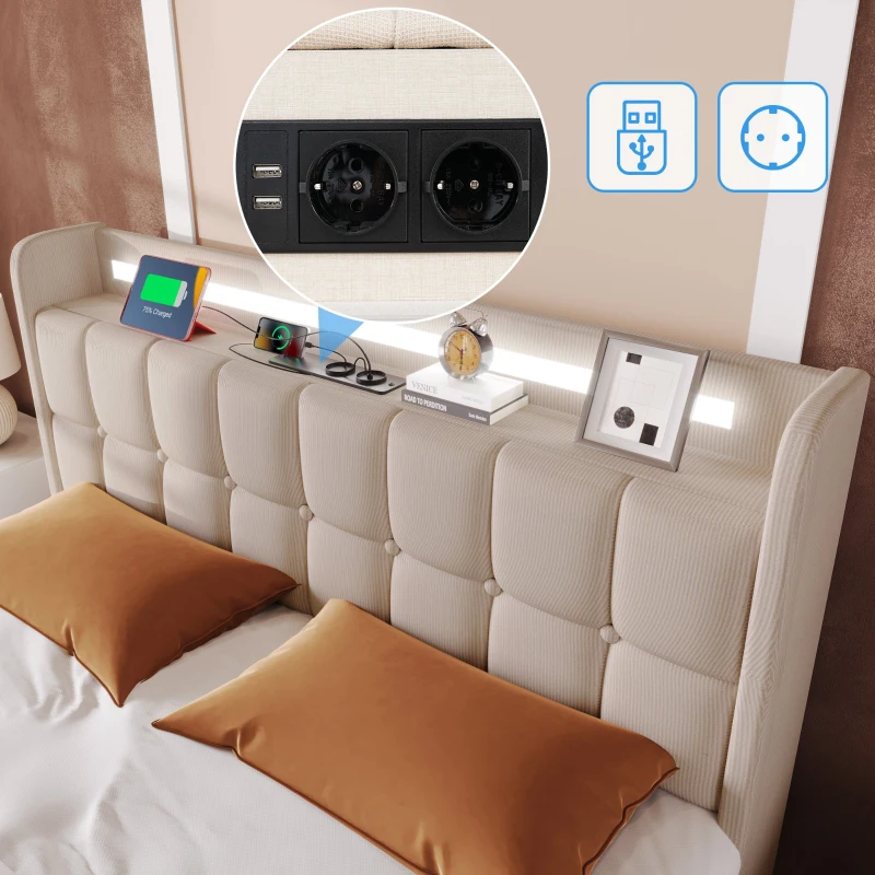 Letto Singolo con Testiera USB e LED, 90x200 cm, con 2 Cassetti e Rete in Legno, Beige