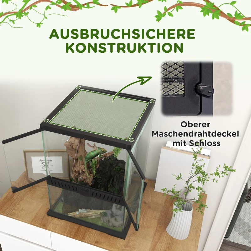 PawHut Terrarium szklane, zamek, zarządzanie kablami, 45x45x60cm, Czarny