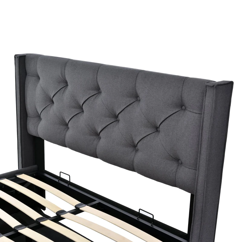 Letto Matrimoniale Idraulico Imbottito 140x200 cm con Rete a Doghe in Metallo, Struttura Moderna con Contenitore, Tessuto in Cotone (Con Materasso Incluso) - Letto Matrimoniale con Contenitore, Testata Imbottita, Grigio